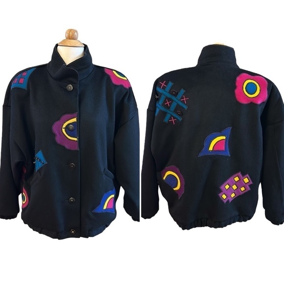 Marylou Ozbolt Storer 80’s Washed Wool Abstract Appliqué colorful jacket sz Med - Picture 2 of 15